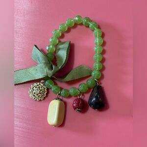 Green Beaded Bracelet with Gold Charm